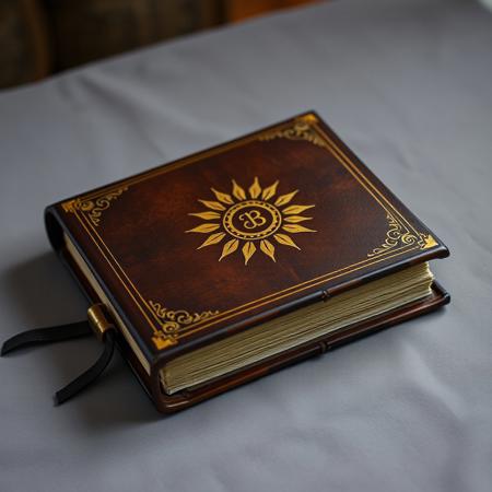 Brown medieval book with gold, grey background, cover, sun emblem, laying on a table, locking belt