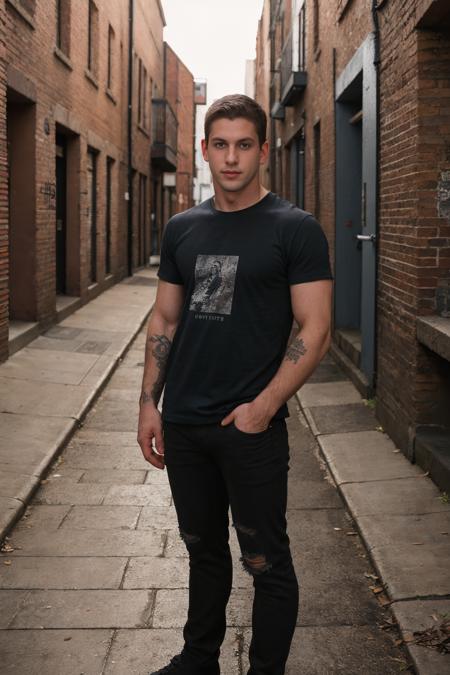 RAW Photo, medium shot photo of man sc_aaron4 <lora:sc_aaron4-07:0.75> posing in a faded black classic rock t-shirt and dark gray jeans, posing in an urban alleyway with red brick walls, distinct brick patterns, damp street, minimal graffiti, dusk, city skyline silhouette, soft diffused natural light, dazed magazine, black hair, short hair, blue eyes