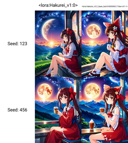 breathtaking,Hakurei Reimu, 1girl,solo, hair bow,red miko ,1girl,from side,Sitting on the train,milky way background, full moon high hangs in the starry sky,
, drinking coffee, looking out the window at the endless fields, the sun setting in the distance, the mountains in the sky.
<lora:Hakurei_v1:0>  . gorgeous,key visual, vibrant, studio anime,award-winning, professional, highly detailed,high budget, cinemascope