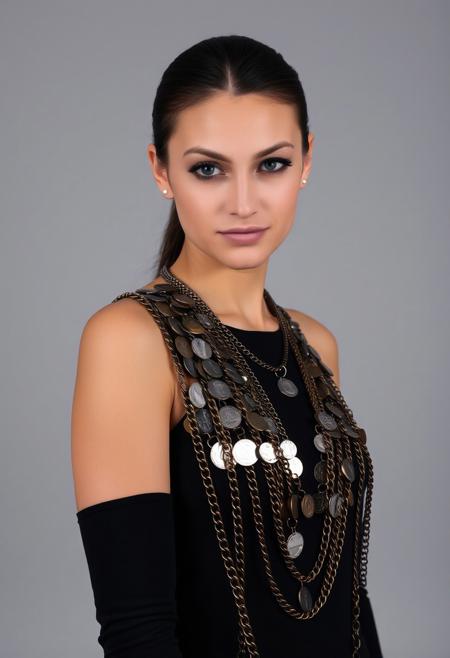 front view, beautiful woman with her left bare shoulder covered with coins and chains, grey background studio