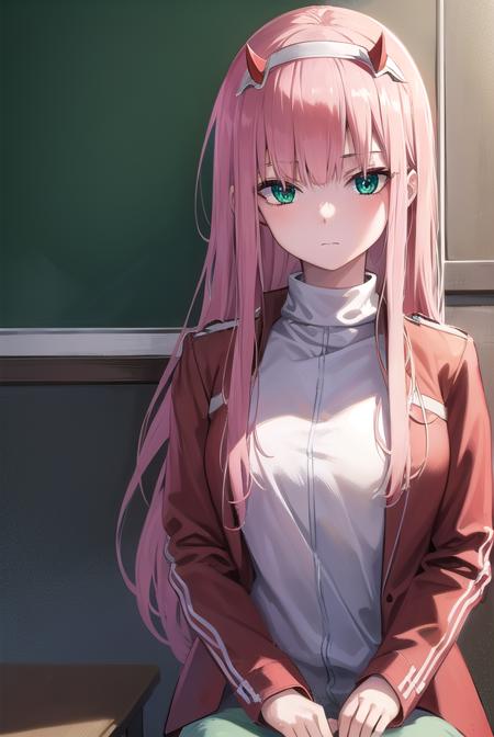 zerotwo, <lyco:zerotwo-lyco-nochekaiser:1>,
zero two, (green eyes:1.5), hairband, horns, long hair, pink hair, red horns, white hairband,
BREAK jacket, leggings, red jacket, white footwear,
BREAK indoors, classroom,
BREAK looking at viewer, (cowboy shot:1.5),
BREAK <lyco:GoodHands-beta2:1>, (masterpiece:1.2), best quality, high resolution, unity 8k wallpaper, (illustration:0.8), (beautiful detailed eyes:1.6), extremely detailed face, perfect lighting, extremely detailed CG, (perfect hands, perfect anatomy),