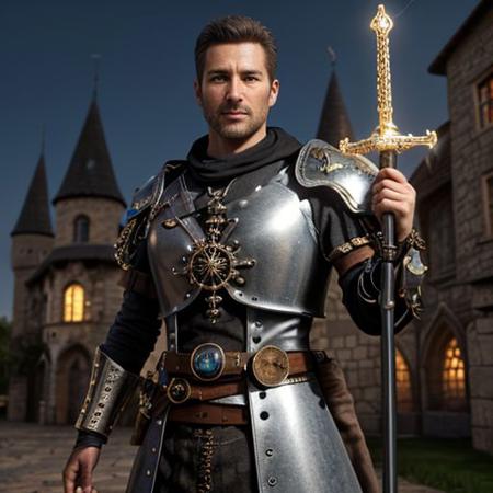 picture of a masculine and experienced crusader, 39 years old, standing, face closeup, proud facial expression, 8k, hdr, high resolution, very detailed, Sony Alpha A6400, 35mm, professional photography, real skin, detailed skin, wearing fusion of medieval and steampunk details, holding a arcane glowing sword, bokeh, steampunk castle background, <lora:detail_slider_v4:2> <lora:epiCRealismHelper:0.9> <lora:skin_slider_v10:0.5>