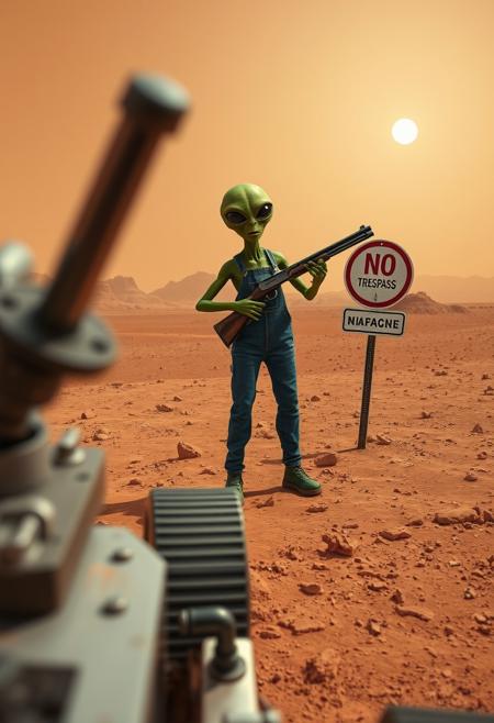 photograph of an alien on mars taken by a NASA mars rover. blurry rover robotic arm in the foreground
In the middle of the image, a green alien stands a few meters from the rover, he wears a blue jeans overall and holds a pump action shotgun. The alien looks angry.
Next to the alien is a sign that reads "NO TRESPASS".
The scene takes place on the surface of Mars, the ground is made of red rocks and sand, red mountains can be seen in the distance. The sky is red and dusty. The sun appears small and weak in the sky. The landscape is empty and desolate.
18mm, wide angle camera, jpg artefacts,