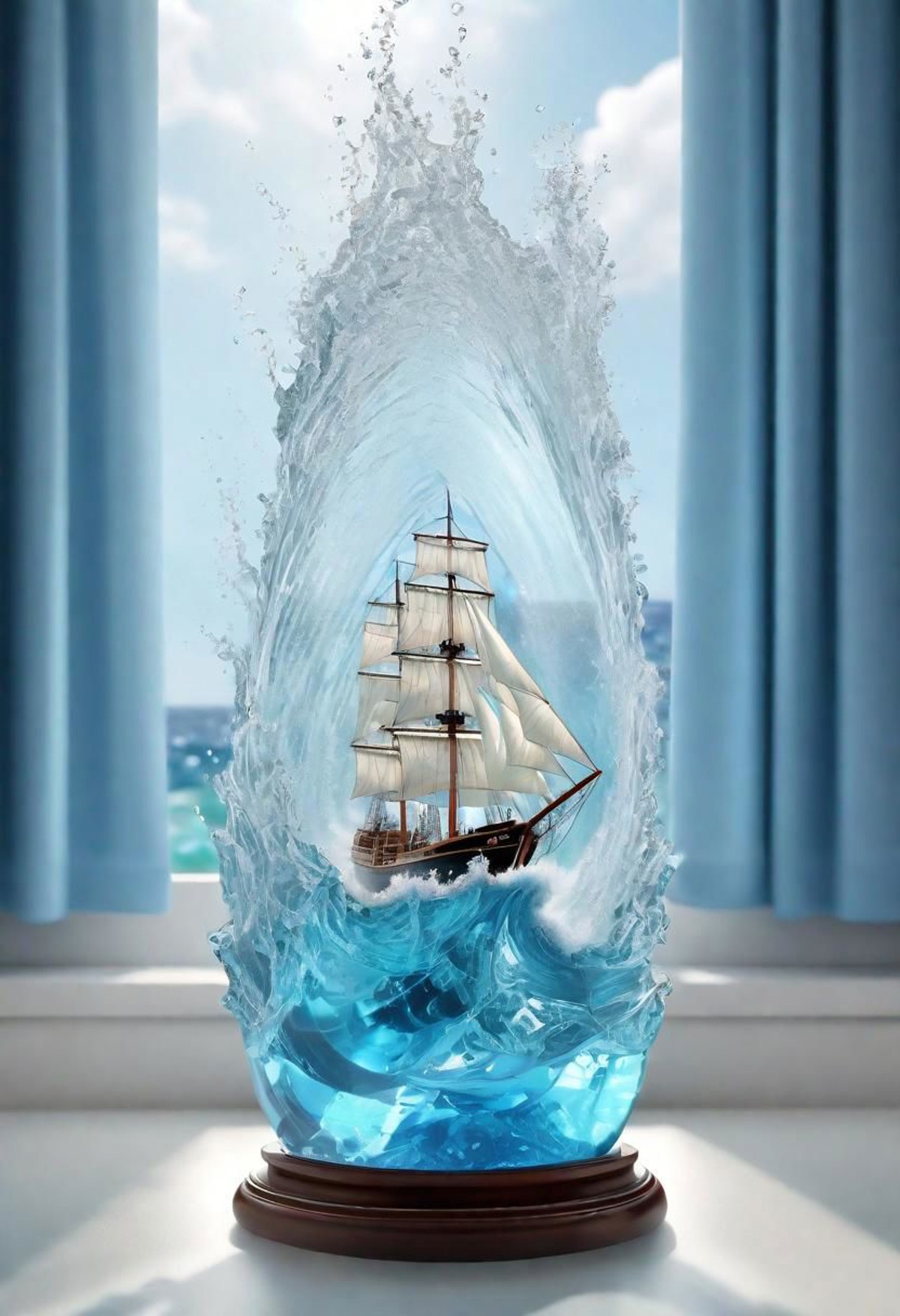 small ship in an open bottle, strong ocean waves, storm, water spray, wind, extreme detail, 3d view, breaking glass, backl...