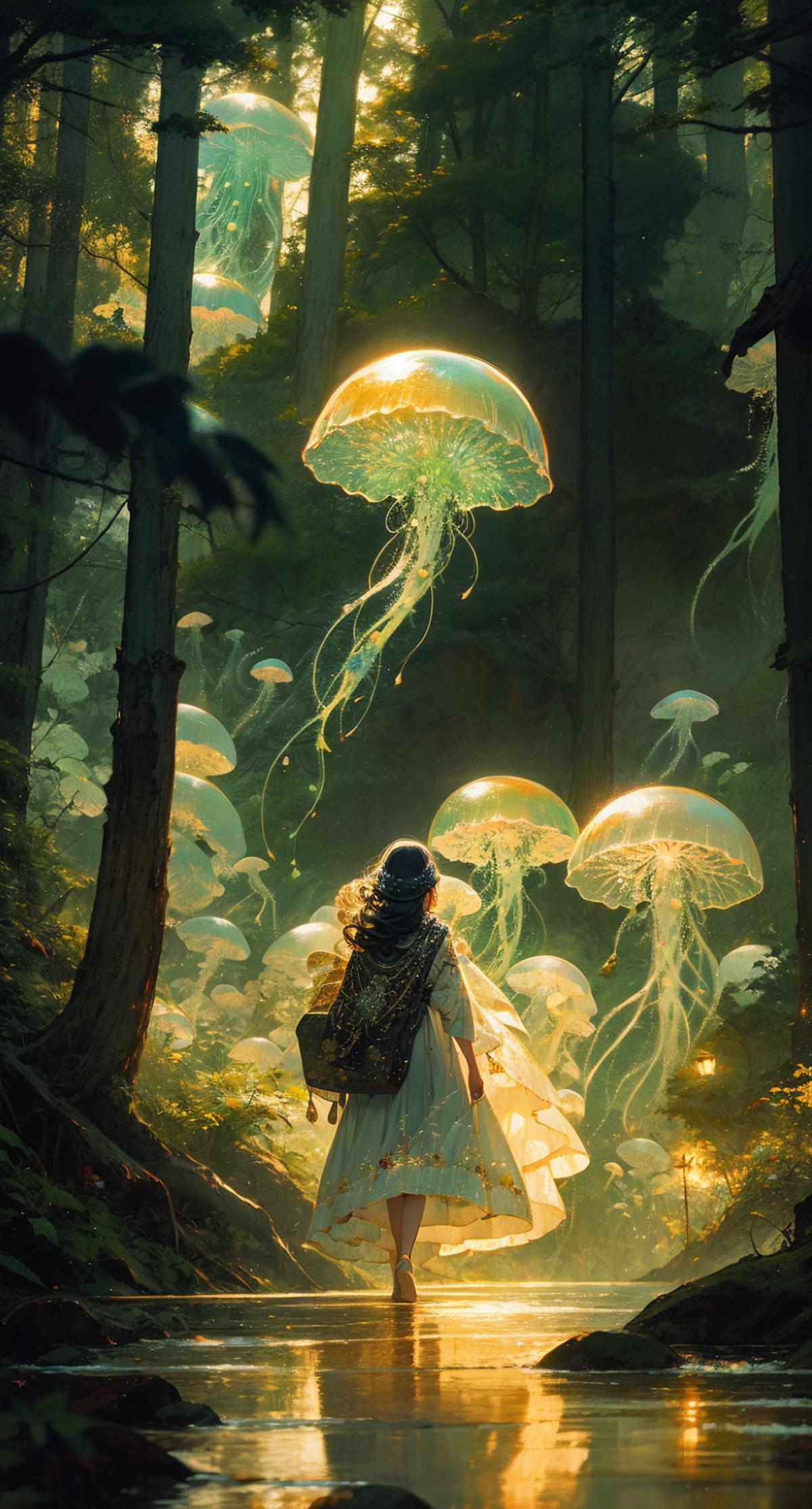 A woman walking through a forest of floating jellyfish.