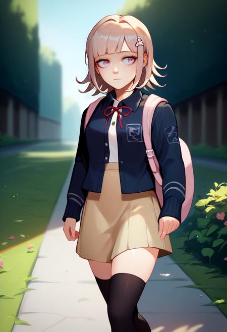 nanami chiaki, hairclip black jacket, long sleeves, two-tone shirt, neck ribbon, brown skirt, thighhighs, backpack