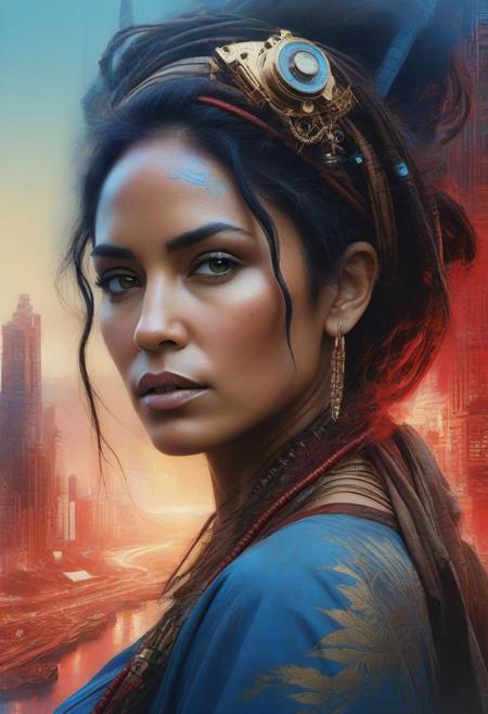 Steampunk tahitian Woman 40 years old with fine hightech skin details, detailed face, sf, intricate artwork masterpiece, blue and red pastel ratio, background is apocalyptic city on golden hour, ominous, matte painting movie poster, by Carne Griffiths