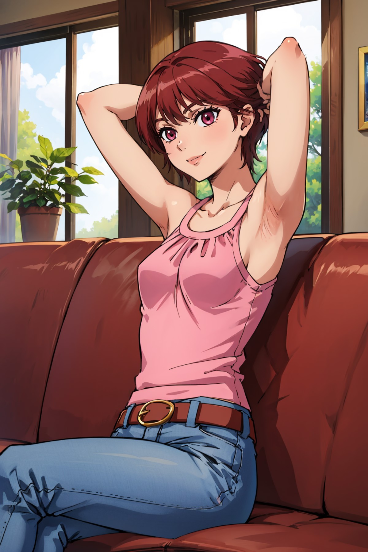 masterpiece, best quality, <lora:fujiedayoshino-nvwls-v1-000010:0.9> fujieda yoshino, pink tank top, jeans, brown belt, ar...