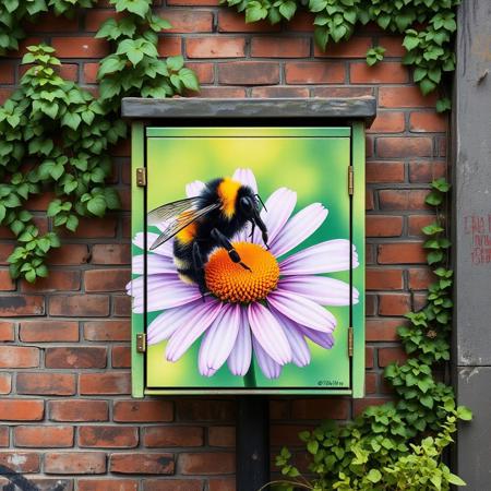 Brick wall in an overgrown urban environment, 
A beautifully painted utility box features a highly detailed and realistic depiction of a bumblebee perched on a vibrant daisy flower. The bee's fuzzy black and yellow body contrasts vividly with the soft lavender petals and bright orange center of the flower, creating a striking visual effect. The background is rendered in a subtle, blurred green gradient, mimicking the feel of natural bokeh, which enhances the focus on the bee and flower. This nature-inspired artwork transforms an otherwise mundane object into an engaging and visually appealing piece of street art, blending environmental appreciation with urban creativity.
graffiti, mural, hyper-realistic, vibrant colors, bold letterforms, 3D design, urban art, intricate details, vivid gradients, sharp highlights, contrasting shadows, abstract influences, electric palette, sculptural effect