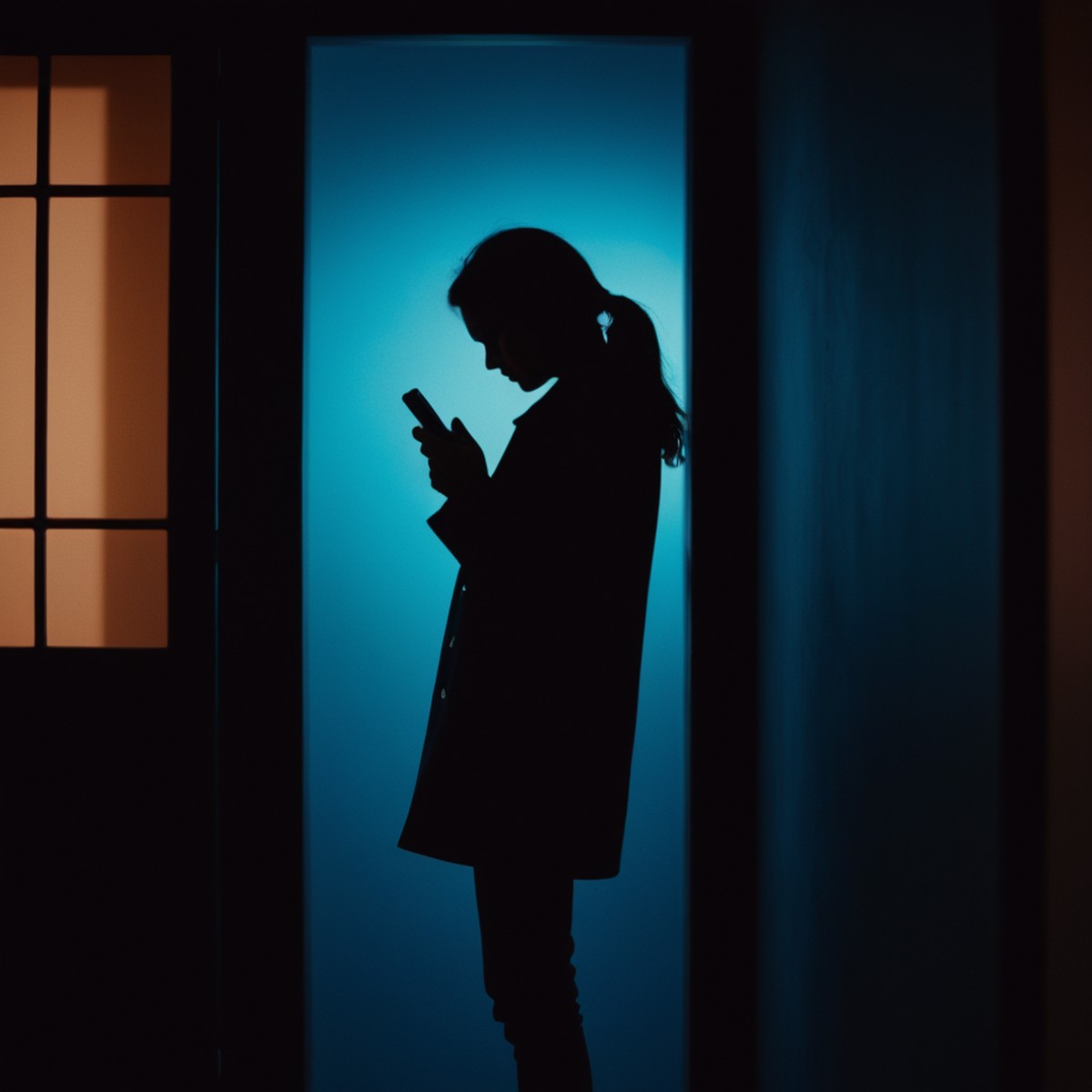 cinematic film still of  <lora:silhouette style v2:1>
A silhouette photo of a woman standing in a doorway with a cell phon...