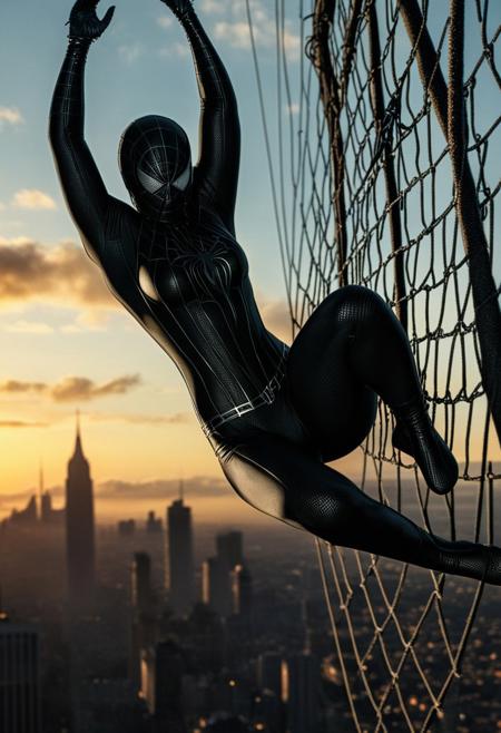 score_9, score_8_up, score_7_up, best quality, realistic, masterpiece, beautiful detail, hyperrealistic, afternoon sky, ((1girl, woman body, big breasts)), amazing detailed full body portrait of a beautiful girl, wearing a realistic and highly detailed black raimi spider-man suit , wears ultra detailed black spiderman mask, ((huge muscular girl)), (swinging on a web), suit covered entire body and hand, black spiderman gloves, (full body), (dirty skin), close up, octane render, highly detailed, volumetric, dramatic lighting, (highest quality:1.1), (HDR:1.3), (top quality, best quality), realistic, high definition,
