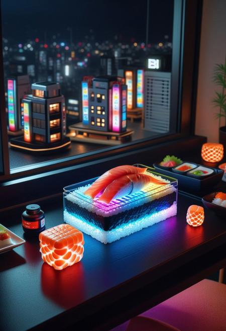 8k analog photo, unmanned, a sushi-themed RGB devices, (tuna, salmon, tamago, ebi), glowing vibrant RGB lights, soy sauce bottle, chopsticks beside the devices, realistic lighting, colorful, isometric view, photorealistic, night city scape from window blurry background,