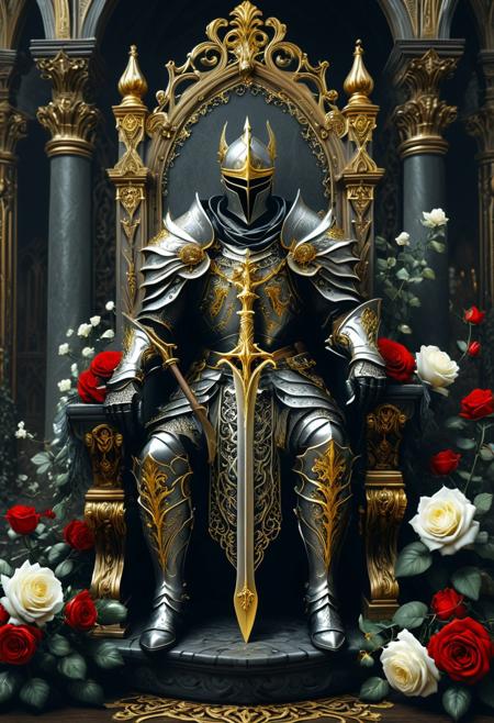 Featuring a dark comic style reminiscent of High Gothic and Dark Fantasy themes, this artwork is inspired by the atmospheres of Dark Souls and Elden Rings. It showcases a cursed, gothic high cottagecore setting with a majestic angelic knight adorned in beautiful ornamental gold and silver armor from the 15th century. The knight, holding a silver spear, sits on a throne surrounded by white, crimson, and black roses. The illustrations are intricately detailed with curvilinear shapes, but may be criticized for their ugliness and the poor quality of certain aspects, such as the hands, feet, and face. Additionally, some elements may be out of frame, following the style of Mathieu Schelleken.