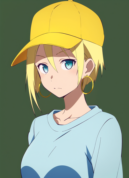 itaden <lora:itaden_offset:1.2>, masterpiece, best quality, 1girl, aqua eyes, baseball cap, blonde hair, closed mouth, earrings, green background, hat, hoop earrings, jewelry, looking at viewer, shirt, short hair, simple background, solo, upper body, yellow shirt