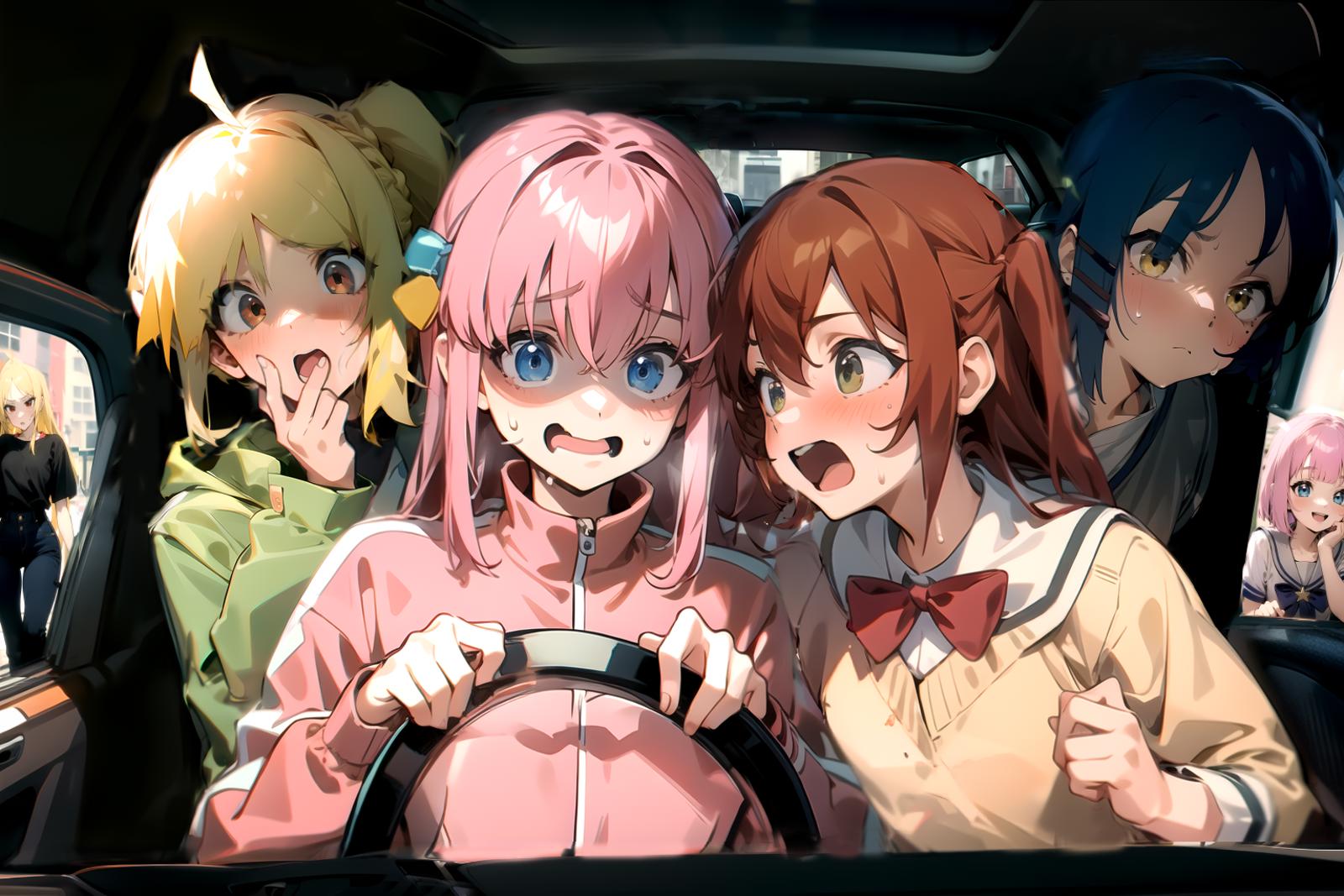 An anime drawing of women in a car with one of them driving.