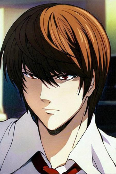 Yagami Light, medium-length brown hair with bangs, hazel eyes,  <lora:lightyagami_10:1>
A dynamic (pose:1.3) of (Yagami Light:1.5) from the popular anime series (Death Note:1.2), captured in the midst of an (intense:1.1) and (strategic:1.1) moment. (Expressive:1.1) facial features reflecting his (intelligent:1.2) and (manipulative:1.1) nature, with (sharp eyes:1.3) and a (determined:1.1) expression. (Elegant:1.1) and (stylish:1.1) attire, complete with his (iconic:1.2) red tie, showcasing his (sophistication:1.1) and (charisma:1.1). Set against a (moody:1.1) and (dark:1.2) background, evoking the (mysterious:1.1) and (thrilling:1.1) atmosphere of the series. (Anime art style:1.3) with (vibrant colors:1.1), (bold lines:1.1), and (expert shading:1.1). Inspired by the artwork of (Takeshi Obata:1.3) and the (manga:1.2) illustrations.