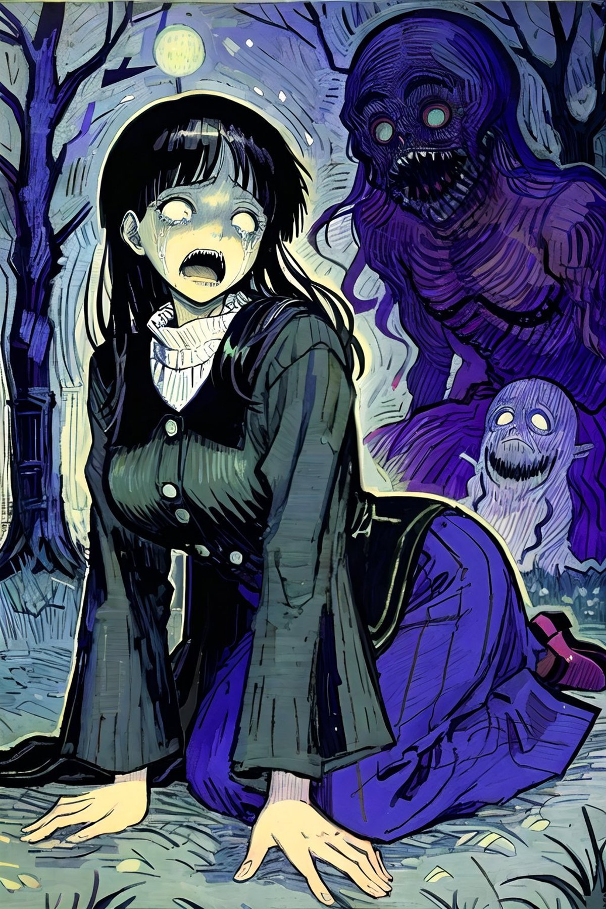 A woman in a black and white shirt is surrounded by strange, scary monsters.