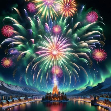 4K, 8K, hyper detailed, masterpiece, best quality, AuroraStyle, DonMSp3ctr4lXL, 
The animated scene portrays an incredibly beautiful, enchanting New Year's fireworks display that captivates the eyes. The vivid and vibrant bursts of colors illuminate the night sky, mesmerizing viewers with their dazzling brilliance and captivating allure. Each explosion paints the canvas of the sky with a myriad of hues, creating an awe-inspiring spectacle that draws everyone's attention.