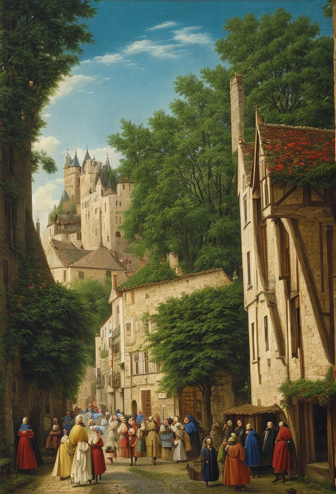 Medieval village scene with busy streets and castle in the distance