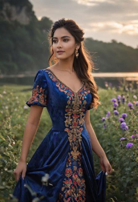 [Create a highly realistic photo of a young, slight smile, camera focused around 21 years old [Tamil:Japanese:Caucasian:1:1:1] girl model in deep blue-purple velvet dress and blue-purple rose field background. The dress has gold embroidery and it reflects the golden hour light. (The image should be detailed and lifelike, making it challenging to discern whether it's a real photograph or a digital creation. Focus on achieving realism in her facial features, skin texture, and hair, and ensure the lighting contributes to the overall authentic appearance.) Hair is long and silky, floating in air. Partially visible earrings. Dimple. (Detailed gray eyes)] detailed, romantic, very inspirational, beautiful, elegant, lovely, cute, pretty, modern, epic composition, fabulous atmosphere, cinematic light, dynamic dramatic ambient, (sharp)