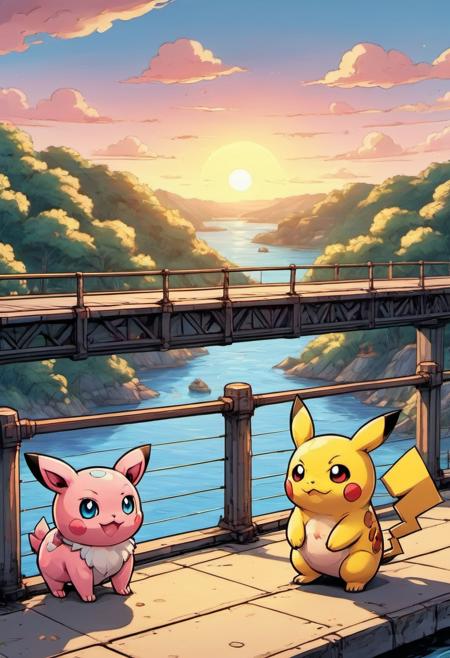 Pokemons Pikachu and Jigglypuff on the edge of a bridge overlooking the water and setting sun romantic beautiful light