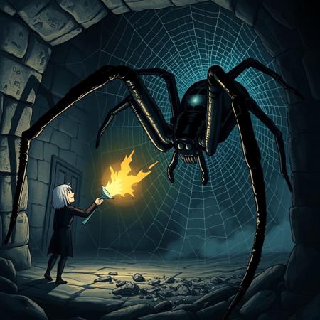 She guides the torch toward the corner, revealing a web-laden alcove. Suddenly, her eyes widen as she witnesses a massive black spider, the size of a car, perched ominously, its glossy body glinting in the torchlight, with legs sprawling grotesquely across the ground.