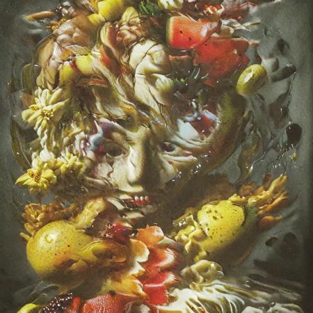 An award winning portrait photograph, a gorgeous brunette woman, by Rembrandt, gravitational lensing, hoph fibration bundles distortion of features of fruit, watermelon, apples, grapes, pears, figs, fern, flowers, flies, Leica M3, strobe flash, 3d stereoscopic color photograph,