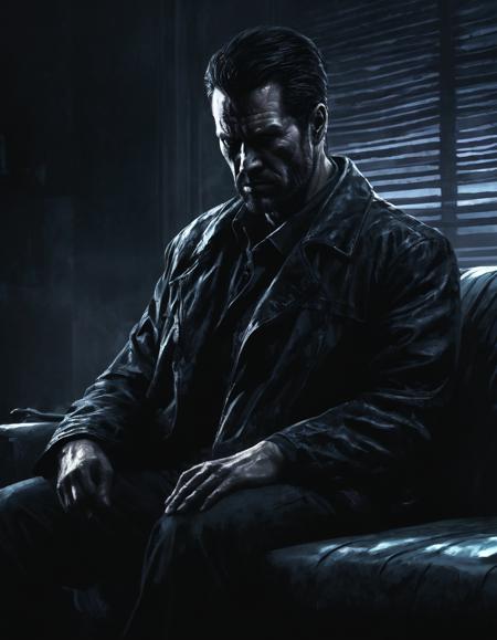 A brooding, lone vigilante Max Payne, sitting on the couch, the atmosphere is filled with melancholy and vengeance, depicted in a neo-noir style with deep shadows and moody hues. digital Illustration, high detail