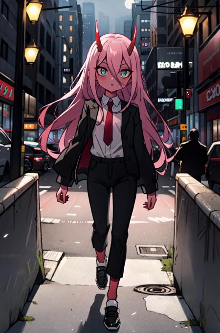 <lora:Zero_Two_Oni__Character_LoRA:1> Zero Two, 1girl, masterpiece, best quality, long hair, flat chest, (red skin), red horns, pink hair, green eyes, colored sclera, full body, black suit, white collar shirt, necktie, black pants, black shoes, city, outdoors, urban, night, expressionless, squinting, looking at viewer,