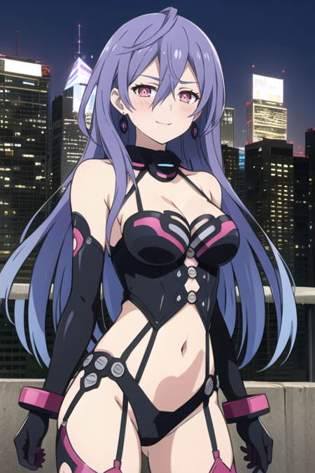 long hair,symbol-shaped pupils,blue hair,looking at viewer,power symbol,large breasts,1girl,very long hair,red eyes,smile,solo,blush,cleavage,pink eyes,gloves,jewelry,navel,earrings,purple hair,elbow gloves,bare shoulders,thighhighs,hair between eyes,medium breasts,black gloves,dominatrix,leotard,(((city background))),