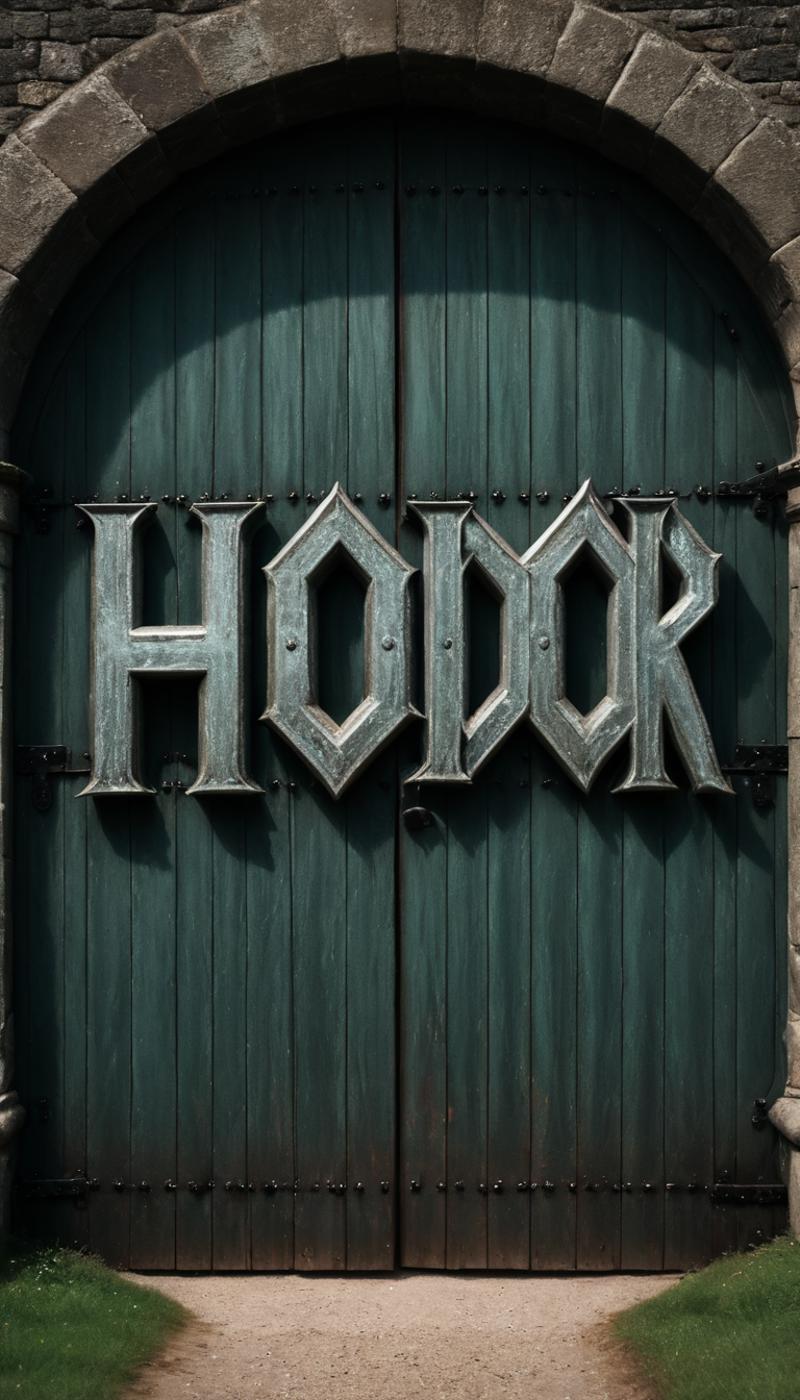 A dark green door with the word HOOR in metal letters.