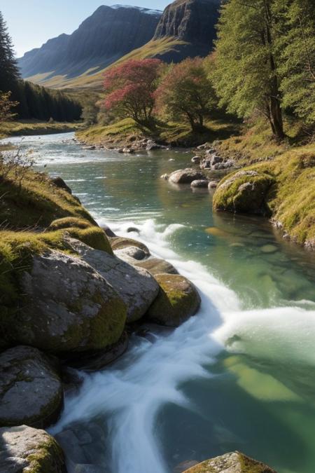 RAW photo, Scotland, scottish highlands, delicate nature, wild nature, picturesque scenery, pristine vegetation, calm sky, majestic landscape, enchanting atmosphere, icy river, crystal water, sunlight illuminates the icy water, photorealistic, masterpiece, 64k, UHD, ultra detailed, vivid colors, high quality, sharp focus