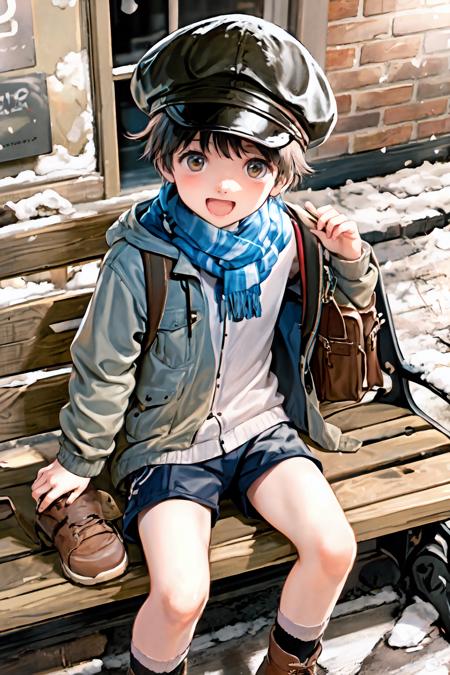 looking at viewer, blush, smile, short hair, open mouth, black hair, long sleeves, 1boy, hat, brown eyes, sitting, jacket, :d, male focus, boots, outdoors, open clothes, shorts, solo focus, socks, bag, scarf, sweater, open jacket, coat, brown footwear, backpack, crossed legs, breath, snow, snowing, cabbie hat, bench, blue scarf,
<lora:cocolo-04:1>