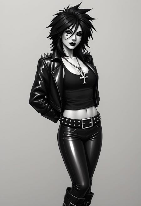 dsk_death jewelry, necklace, ankh necklace, black tank top cleavage, makeup, bare shoulders, tattoo, black boots black pants greyscale, monochrome,