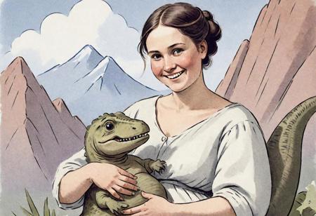ASCII illustration, 1860 portrait of a woman breastfeeding a baby dino, smiling, waving,  kodachrome, peacfull,  dusty shirt  , thick skin, scale, mountain, animal hide, fur,