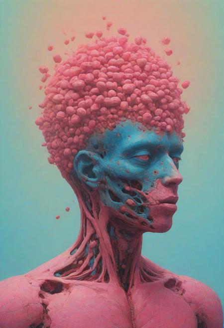 digital artwork by Beksinski, open head, head vessel, head filled with coffee, vivid colors, pink theme, light blue theme, teaspoon