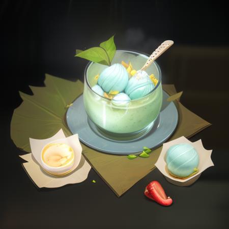 gameicon,masterpiece,best quality,ultra-detailed,masterpieces,The image is a scoop of ice cream in a cup, with a red cherry, a glass spoon, and green mint leaves,HD
Transparent background, 3D rendering
2D, Blender cycle, Volume light,
No human, objectification, fantasy, fantasy <lora:食物:1>