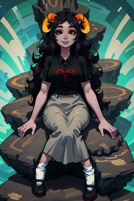 masterpiece, best quality, aradia, (horns), black hair, black shirt, collared shirt, white socks, long skirt, grey skin, yellow sclera, black eyes, very long hair, large breasts, wide hips,<lora:AradiaFull-09:1>, BREAK,
sitting, sitting on rock, rock, alien planet, crazy eyes, smile, eyeliner