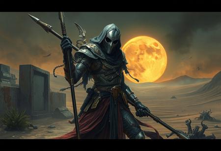 "Create a high-quality, dynamic pose full body illustration of a heroic challenger, Night Watchman, in a grimdark hospital setting. Incorporate Doom Eternal elements and rusty, old details. The character should hold a spear, and only the head should be in sharp focus. Implement the golden ratio for an appealing composition. Set against a desert background, with chimeric elements inspired by Lauryn Hill and the Land of Oz. Use 8K resolution, digital painting techniques, and aim for a highly detailed, elegant design, showcasing the character's sexier side. Make it trendy on ArtStation, like art by Artgerm, Greg Rutkowski, and Alphonse Mucha."