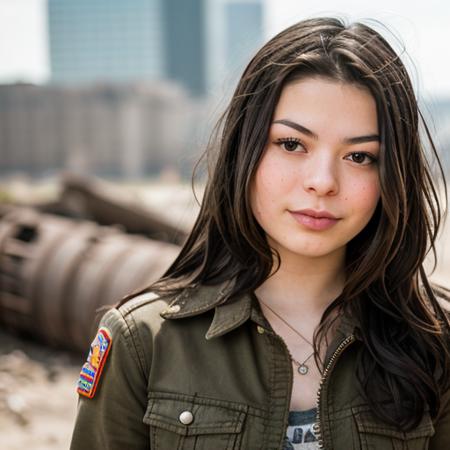 RAW photo, a close up portrait photo of miranda cosgrove in wastelander clothes, long haircut, pale skin, slim body, background is city ruins, (high detailed skin:1.2), 8k uhd, dslr, soft lighting, high quality, film grain, Fujifilm XT3 <lora:miranda cosgrove v1.3:1>