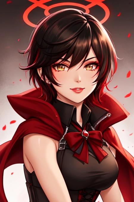 ruby rose, rwby, solo, close-up, portrait, looking at viewer, come hither, seductive smile, naughty face, lips, multicolored hair, two-tone hair, gradient hair, black hair, short hair, colored tips, spiky hair, grey eyes, glowing eyes, halo, tanned, biceps, toned, black eyeshadow, corset, red cloak, masterpiece, natural lighting, photorealistic, beautiful eyes, smooth skin, sharp focus, highly detailed, best quality, ultra detailed, absurdres, extremely detailed eyes