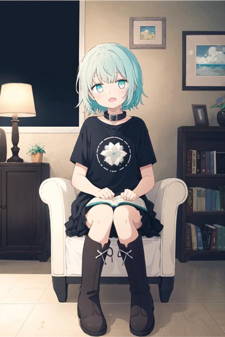 (masterpiece:1.2),(best quality:1.2),(Low saturation:1.2),(Light colors:1.2),(Isometric:1.1),good lighting,(A girl:1.5),aqua eyes,short hair,messy hair,expressionless,flat,shy,solo,Sitting position,(Lmao:1.5),Guitar,Bookcase,Hanging pictures,Windows,Curtains,Vintage wooden chair,Sundries,Potted Plants,Brown T-shirt,Black Short,Black Underwear,Long Boots,Knee high socks,Collar,