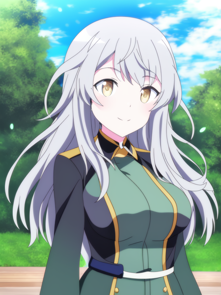 portrait, (solo, 1girl), portrait, (solo, 1girl), day time, large breasts, (Dark Yellow eyes), extra long hair,(Grey hair) curly hair, (Dark Yellow military uniform), school background, best quality, 1girl, dog tail, smile, closed mouth, (anime, waifu, new, newest:1.2), (anime, waifu, new, newest:1.2)
(exceptional, best aesthetic, new, newest, best quality, masterpiece, extremely detailed, anime, waifu:1.2)  <lyco:NotSHAFT_v2-epoch05-Dadapt-WD15BWeeb:1.0>