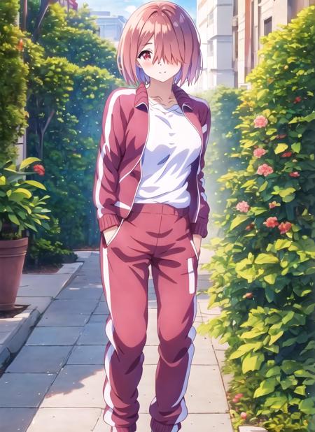 masterpiece, best quality, high quality, 1girl, solo,  <lora:hoshino_miyako:1>, hoshino_miyako, red hair, red eyes, hair over one eye, short hair, indoors, track pants, white shirt, large breasts, t-shirt, open jacket, track jacket, socks, no shoes, full body, standing, outdoors, anime anime screencap,