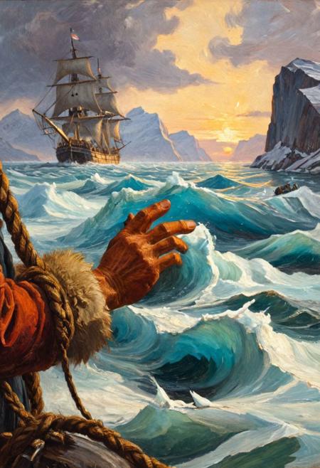 for just one time I would take the Northwest Passage To find the hand of Franklin reaching for the Beaufort Sea Tracing one warm line through a land so wild and savage And make a Northwest Passage to the sea, oil painting, linquivera, best quality, masterpiece, detailed, intricate details, 8k, 19th century