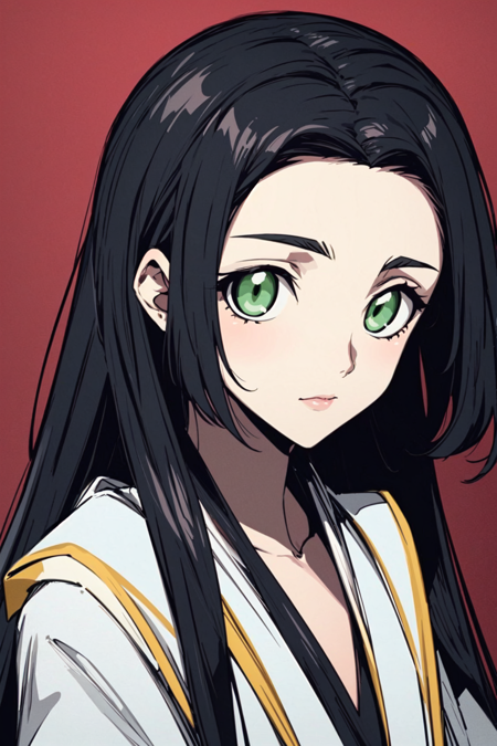 black hair green eyes long hair parted bangs