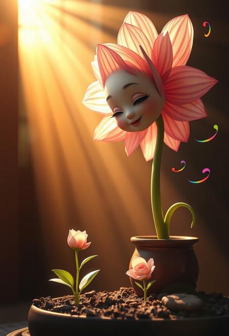"Create an extremely detailed and hyper-realistic image of a majestic flower, with a gentle and admiring face, standing next to a pot and gazing lovingly at a smaller flower that is sprouting from the soil. The larger flower's body is slender and delicate, with intricate petals and a subtle sheen. The smaller flower, which is only partially visible, has a sweet and innocent face and is looking up at the larger flower with a sense of wonder. The scene is bathed in beautiful, warm light rays that stream in from the side, casting a golden glow over the flowers. Colorful, trailing wind effects dance around the flowers, adding a sense of movement and life to the image. The larger flower's face is filled with a sense of joy and admiration, and its petals are gently swaying in the breeze. The image should be rendered in a hyper-realistic style, with incredible attention to detail and texture. Think 'photorealistic' and 'whimsical'."