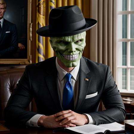 Hyperrealistic art of  <lora:The Mask SD1.5:1.2>
The Mask a man in a suit sitting at a desk in the white house, Extremely high-resolution details, photographic, realism pushed to extreme, fine texture, incredibly lifelike