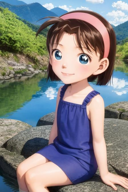 ayumiyoshida, child, blue eyes, short hair, brown hair, bangs, hairband, short dress, smile, sitting, mountain, river <lora:ayumi-v2:1>