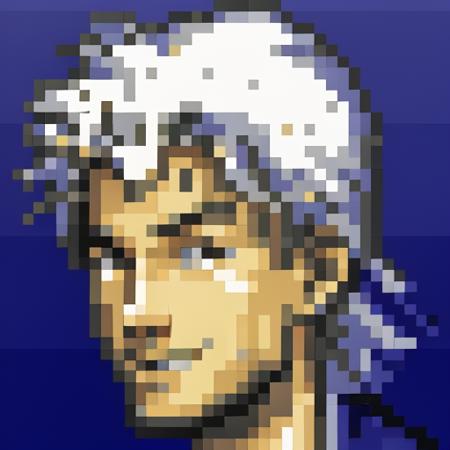 <lora:Final Fantasy 6 Portraits - V1-000004:0.75> final_fantasy_6_portrait, snes, low resolution, pixelart, blue background, 1boy, smile, light skin, young, white eyes